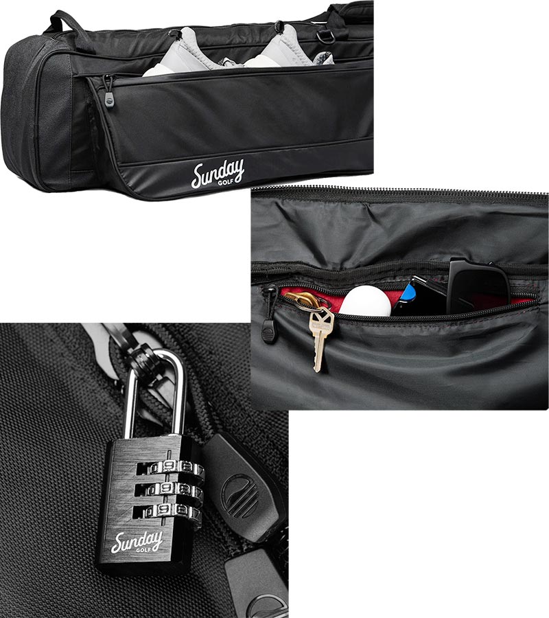 Sunday Golf The Mule Golf Travel Bag in black showing 3 views of various pockets and the lock