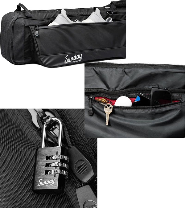 Sunday Golf The Mule Golf Travel Bag in black showing 3 views of various pockets and the lock