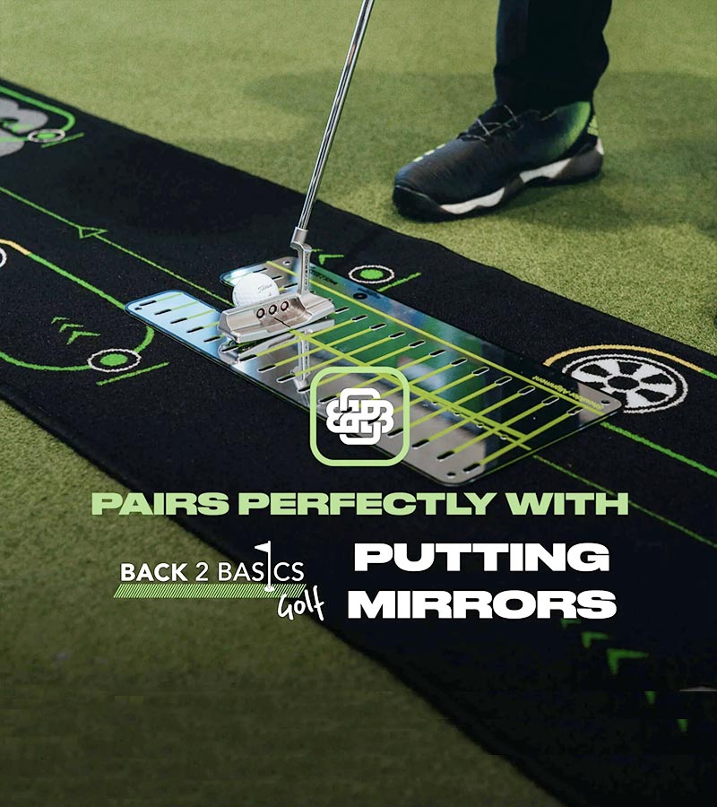 Back2Basics B2B Bundle showing Putting Mat - closeup golfer practicing along with Back2Basics Putting mirror