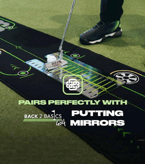 Back2Basics B2B Bundle showing Putting Mat - closeup golfer practicing along with Back2Basics Putting mirror