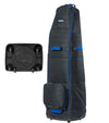 Bagboy Freestyle Travel Cover in Black/Royal standing upright  & bottom view of 6-wheel base