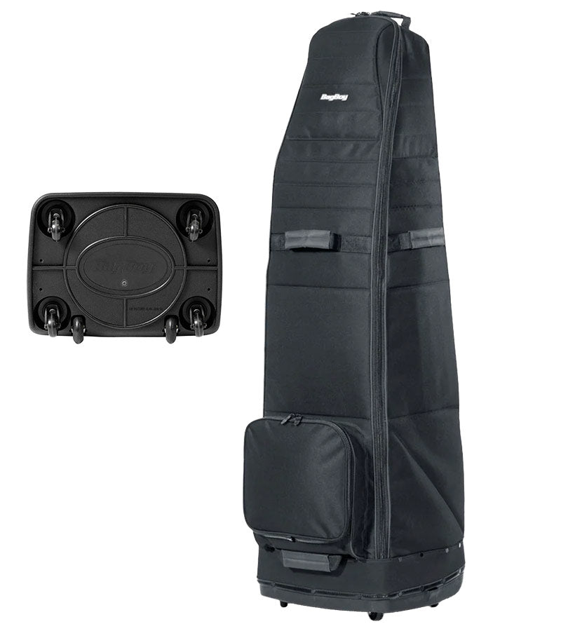 Bagboy Freestyle Travel Cover in Black/Charcoal standing upright  & bottom view of 6-wheel base