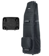Bagboy Freestyle Travel Cover in Black/Charcoal standing upright  & bottom view of 6-wheel base