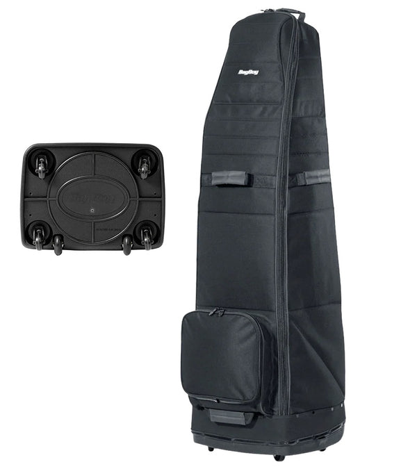 Bagboy Freestyle Travel Cover in Black/Charcoal standing upright  & bottom view of 6-wheel base