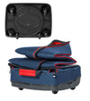 Bagboy Freestyle Travel Cover in Navy/Red folded  & bottom view of 6-wheel base