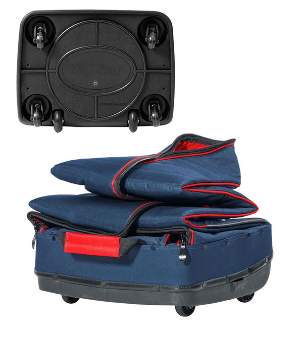 Bagboy Freestyle Travel Cover in Navy/Red folded  & bottom view of 6-wheel base