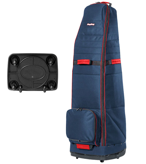 Bagboy Freestyle Travel Cover in Navy/Red standing upright  & bottom view of 6-wheel base