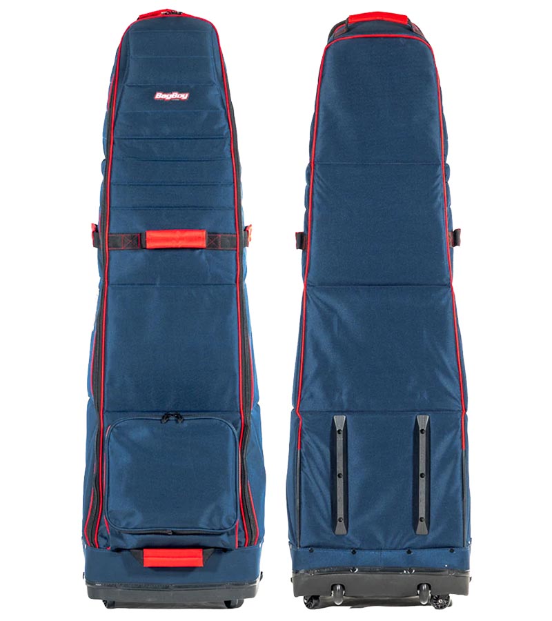 Bagboy Freestyle Travel Cover in Navy/Red standing upright  front and back views