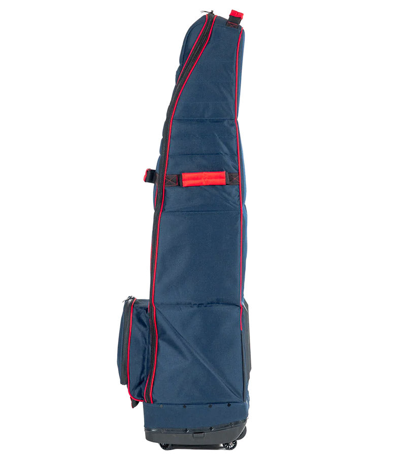 Bagboy Freestyle Travel Cover in Navy/Red standing upright  side view
