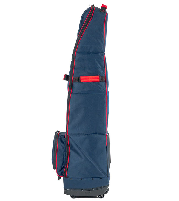 Bagboy Freestyle Travel Cover in Navy/Red standing upright  side view