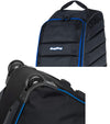 Bag Boy T-750 Travel Bag Cover in Black/Royal showing details of wheels and zipper/handle at top.