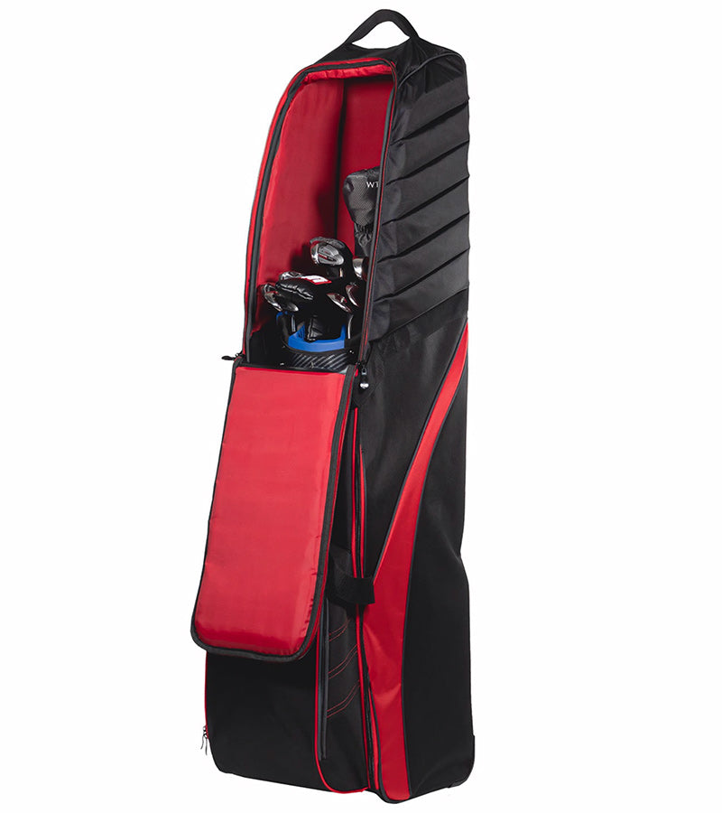 Bag Boy T-750 Travel Bag Cover in Black/Red standing open vertically showing bag/clubs within.