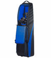 Bag Boy T-750 Travel Bag Cover in Black/Royal standing open vertically showing bag/clubs within.