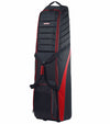 Bag Boy T-750 Travel Bag Cover in Black/Red standing vertically.