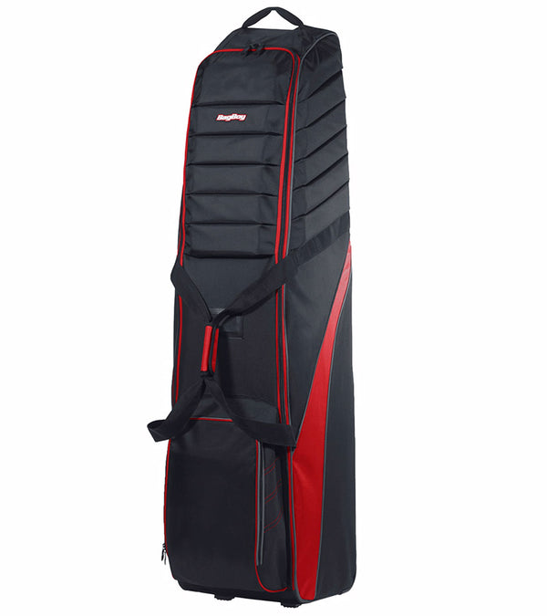 Bag Boy T-750 Travel Bag Cover in Black/Red standing vertically.