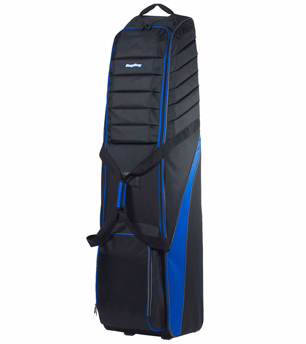 Bag Boy T-750 Travel Bag Cover in Black/Royal standing vertically.