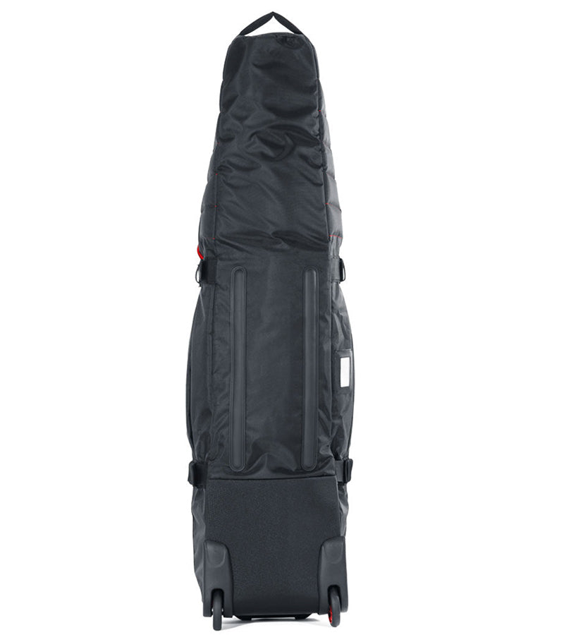 BAG BOY  ZTF Travel Bag Cover in black/red detailing standing vertically showing the back side.