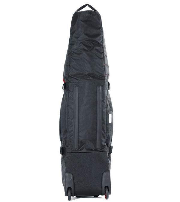 BAG BOY  ZTF Travel Bag Cover in black/red detailing standing vertically showing the back side.