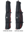 BAG BOY  ZTF Travel Bag Cover in black/red detailing standing vertically comparing what it looks like with a stand bag and a cart bag.