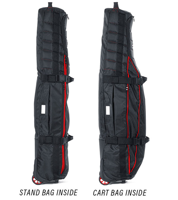 BAG BOY  ZTF Travel Bag Cover in black/red detailing standing vertically comparing what it looks like with a stand bag and a cart bag.