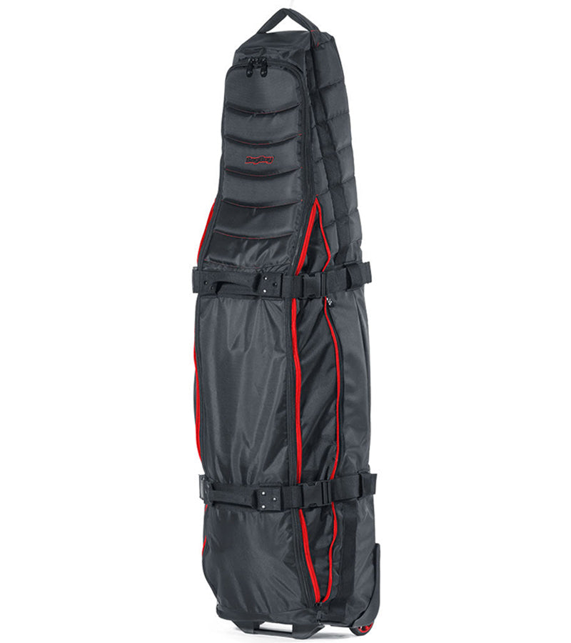 BAG BOY  ZTF Travel Bag Cover in black/red detailing showing it expanded to accommodate a cart golf bag.