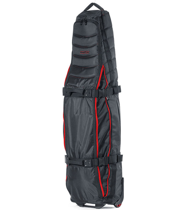 BAG BOY  ZTF Travel Bag Cover in black/red detailing showing it expanded to accommodate a cart golf bag.