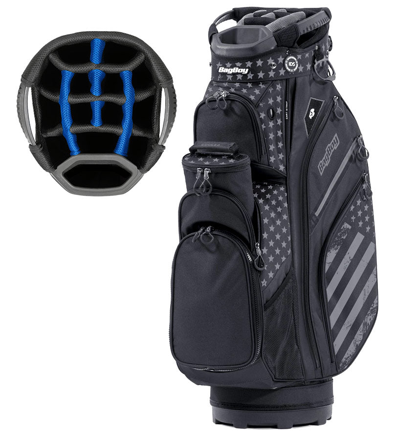 BagBoy Chiller Cart Golf Bag in Black/Stars and Stripes with 14 club divider top