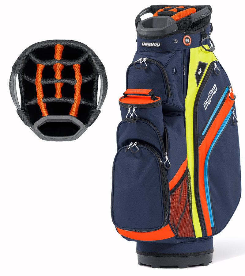 BagBoy Chiller Cart Golf Bag in Navy/Orange/Citrus with 14 club divider top