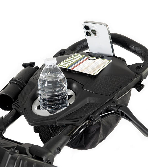 BagBoy Nitron Auto Open Golf Push Cart in Graphite/Charcoal - closeup of console section