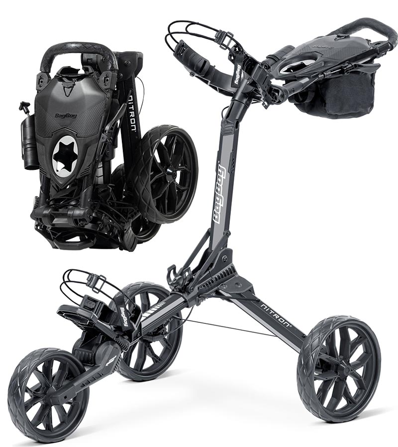 BagBoy Nitron Auto Open Golf Push Cart in Graphite/Charcoal with folder and open versions