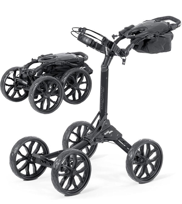 BagBoy Quad Pro Golf Push Cart – in Black/Slate with 2 views: cart folded & cart open
