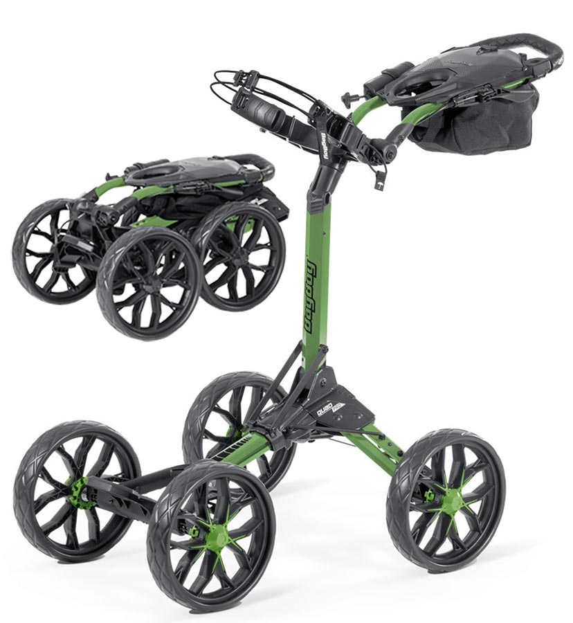 BagBoy Quad Pro Golf Push Cart – in Green/Black with 2 views: cart folded & cart open