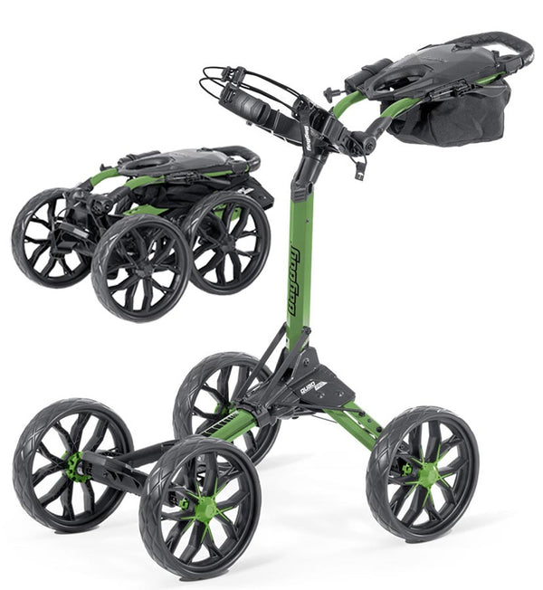 BagBoy Quad Pro Golf Push Cart – in Green/Black with 2 views: cart folded & cart open