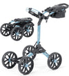 BagBoy Quad Pro Golf Push Cart – in Ice Blue/White with 2 views: cart folded & cart open