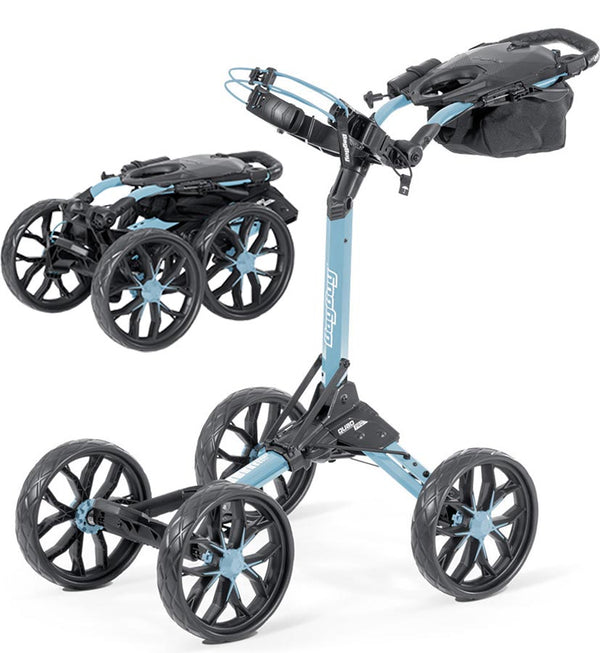 BagBoy Quad Pro Golf Push Cart – in Ice Blue/White with 2 views: cart folded & cart open