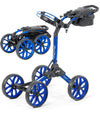 BagBoy Quad Pro Golf Push Cart – in Royal/Black with 2 views: cart folded & cart open