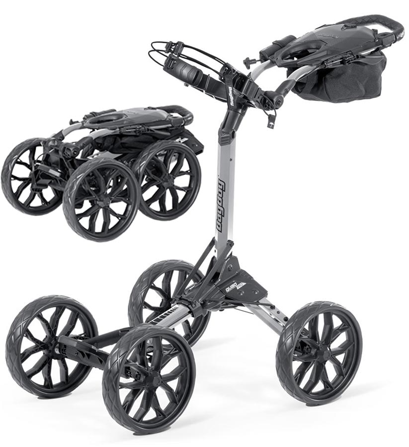 BagBoy Quad Pro Golf Push Cart – in Silver/Black with 2 views: cart folded & cart open