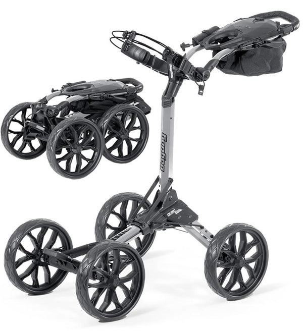 BagBoy Quad Pro Golf Push Cart – in Silver/Black with 2 views: cart folded & cart open