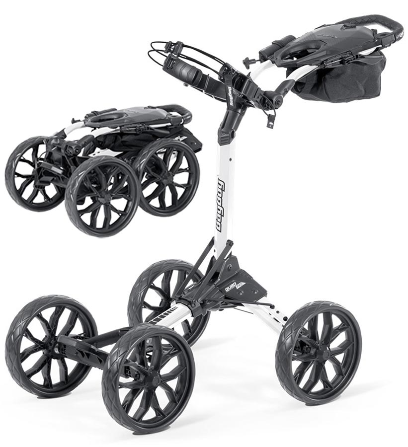 BagBoy Quad Pro Golf Push Cart – in White/Black with 2 views: cart folded & cart open