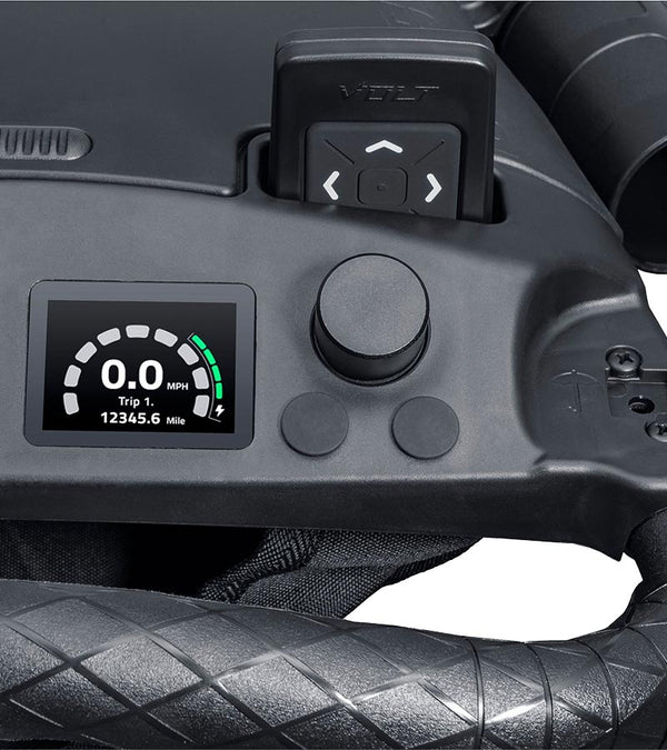 BagBoy Volt Electric Golf Cart - closeup of cosole with gauges and buttons
