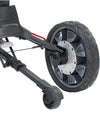 BagBoy Volt Electric Golf Cart in Matte Black/Red - close up of large side back wheel and smaller stabilizing back wheel