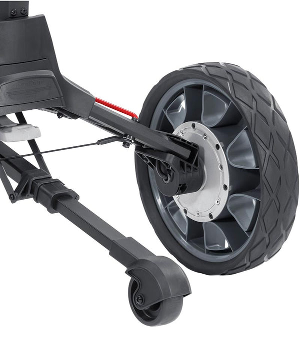 BagBoy Volt Electric Golf Cart in Matte Black/Red - close up of large side back wheel and smaller stabilizing back wheel