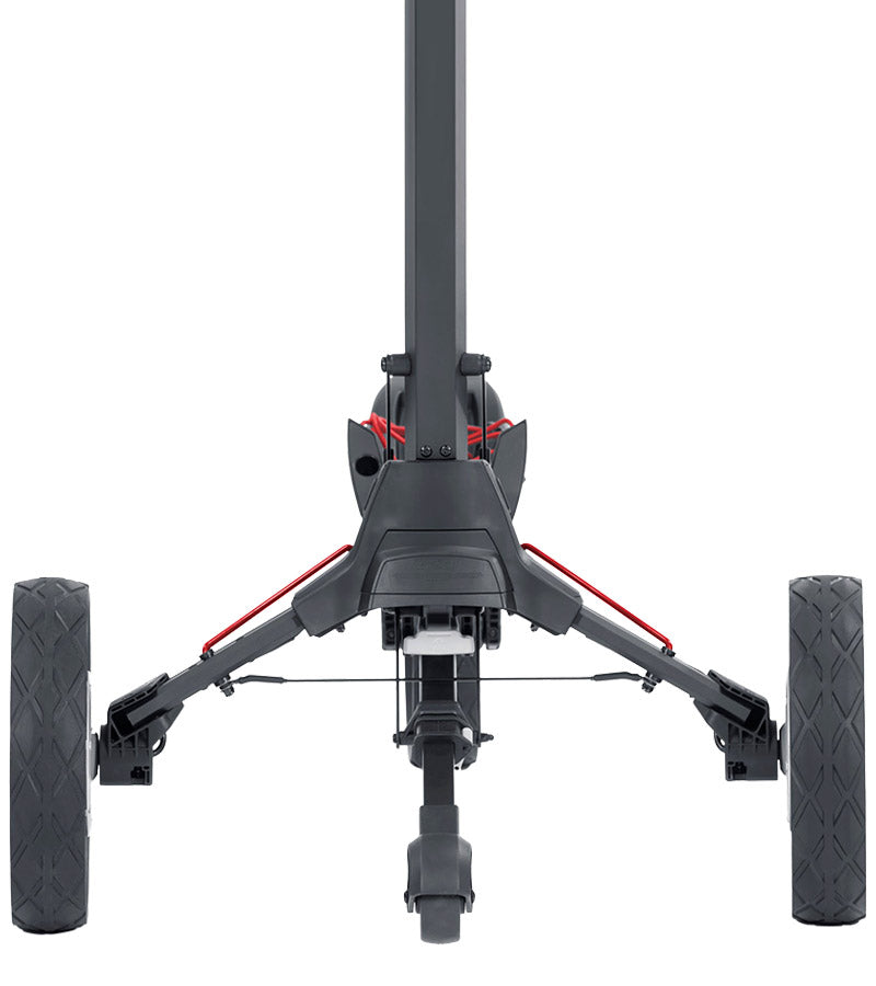 BagBoy Volt Electric Golf Cart in Matte Black/Red - close up of both large side back wheels and smaller stabilizing center back wheel