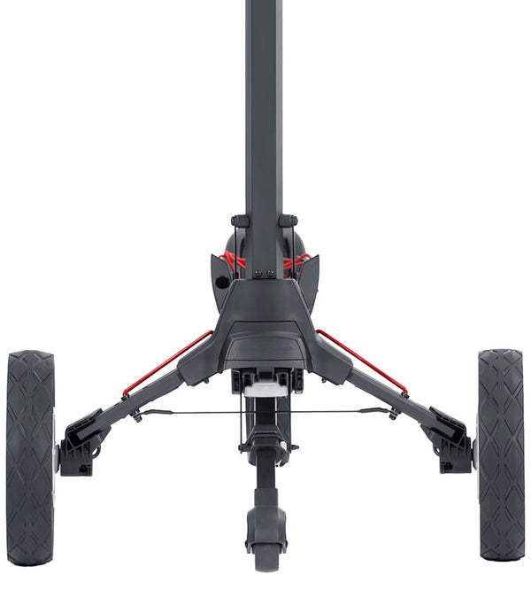 BagBoy Volt Electric Golf Cart in Matte Black/Red - close up of both large side back wheels and smaller stabilizing center back wheel