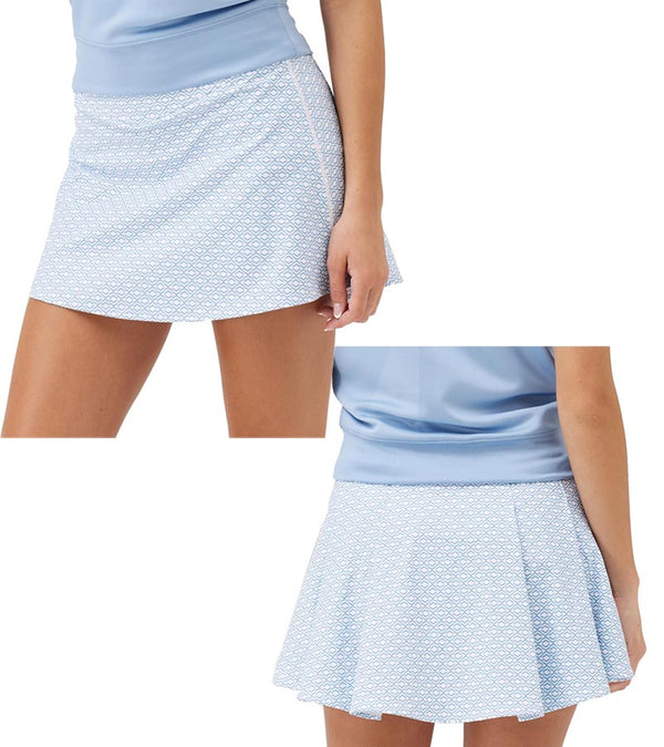 Birdie & Ace Everyday Tour Women's Golf Skort in scarlett which is a blue small geometiric print - front and back views