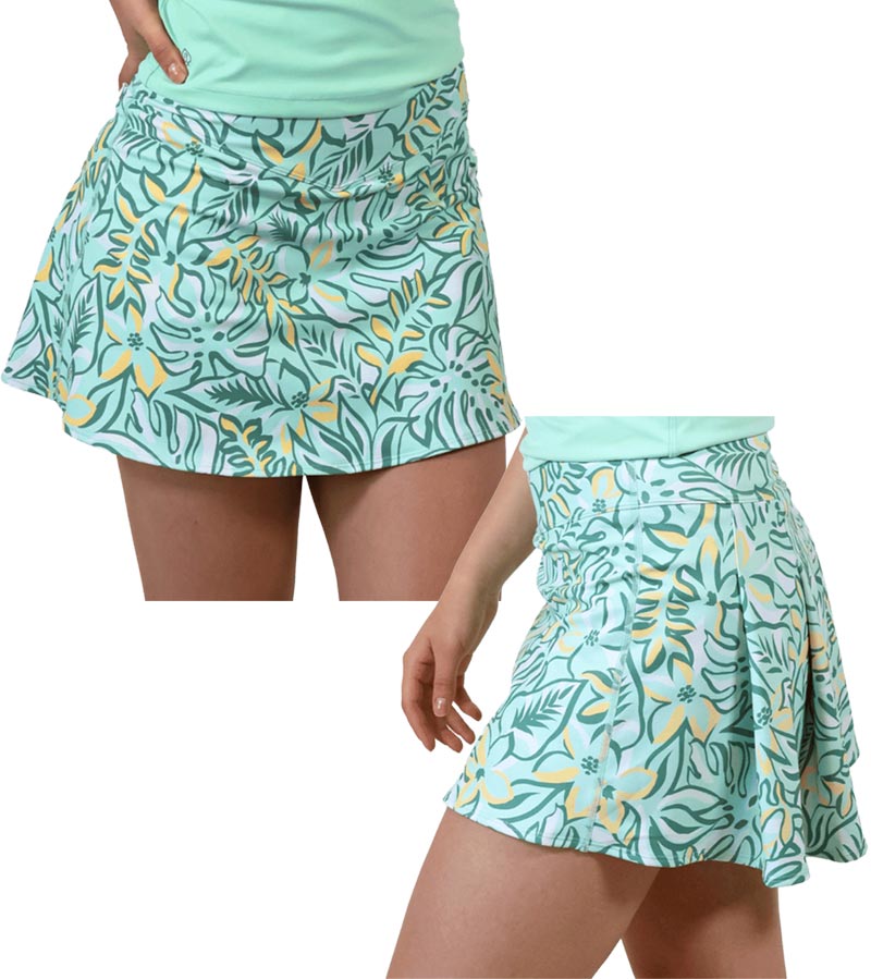 Birdie & Ace Everyday Tour Women's Golf Skort in a tropical leaves all-over - front and back views