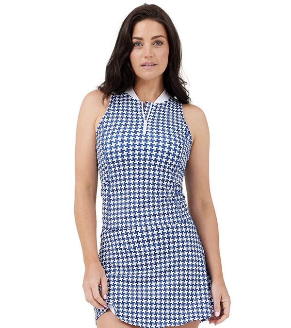 Birdie & Ace Racerback Womens Golf Polo - partial model with front view in Navy Birdiestooth