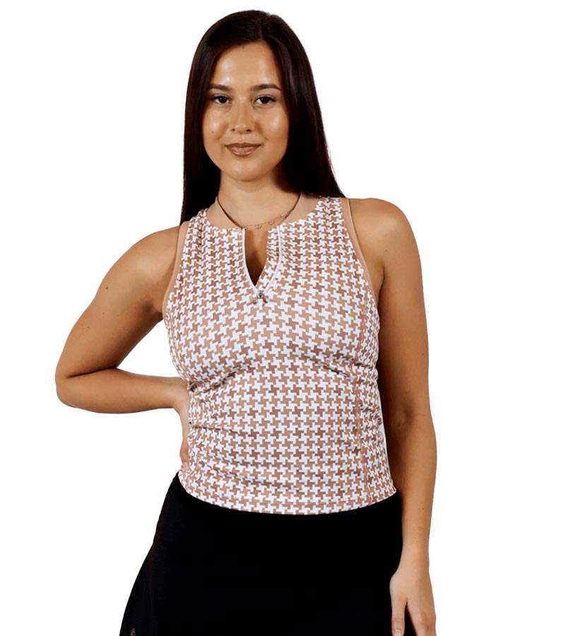 Birdie & Ace Racerback Womens Golf Polo - partial model front view in Toasted Birdiestooth
