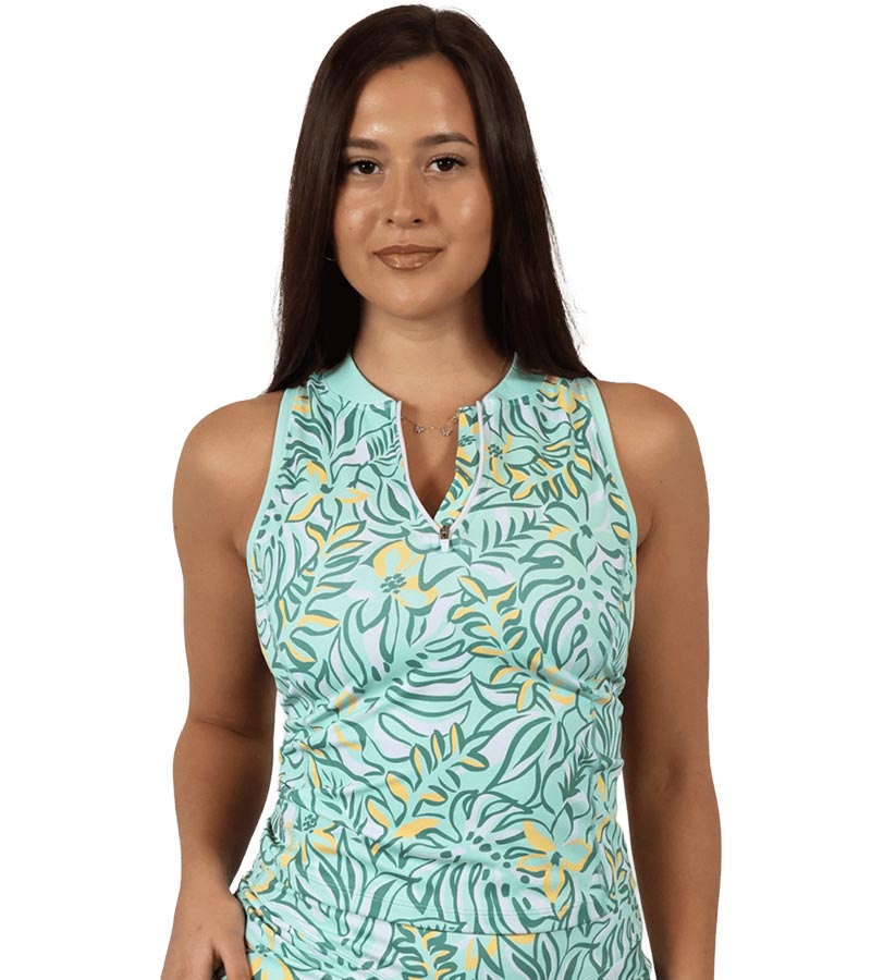 Birdie & Ace Racerback Womens Golf Polo - partial model front view in Tropical Green