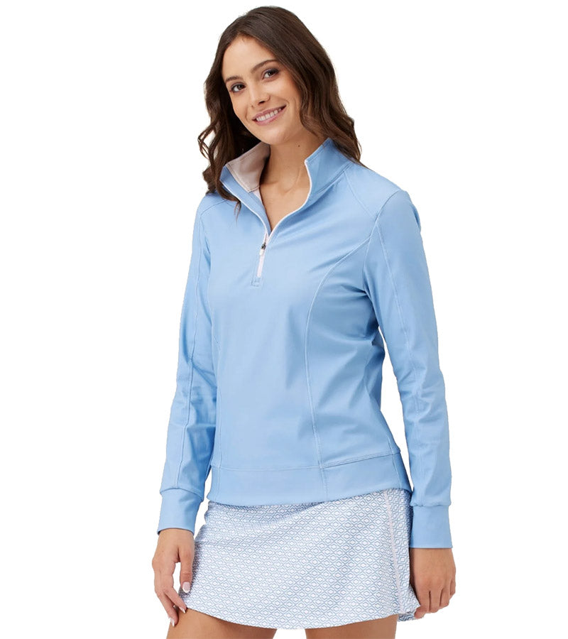 Birdie & Ace Sunrise Womens Golf Quarter Zip Long Sleeve in Aura Blue-partial model front view